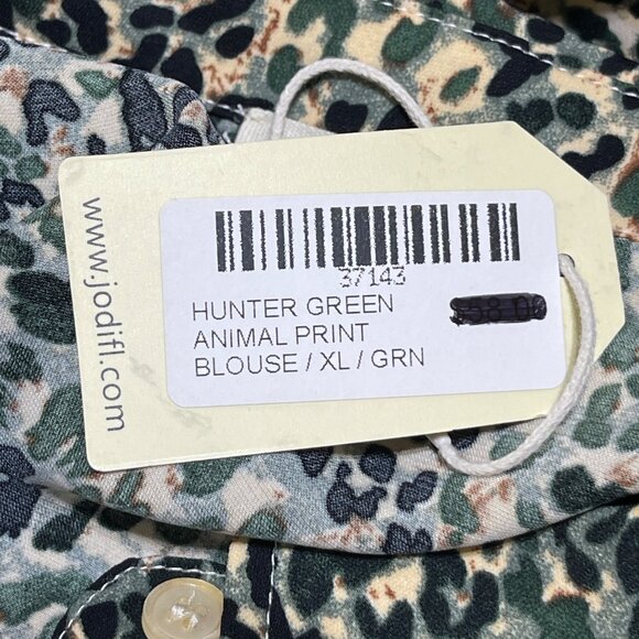 New Jodifl Button Front Blouse Top Size XL Hunter Green Animal Print - Picture 6 of 8